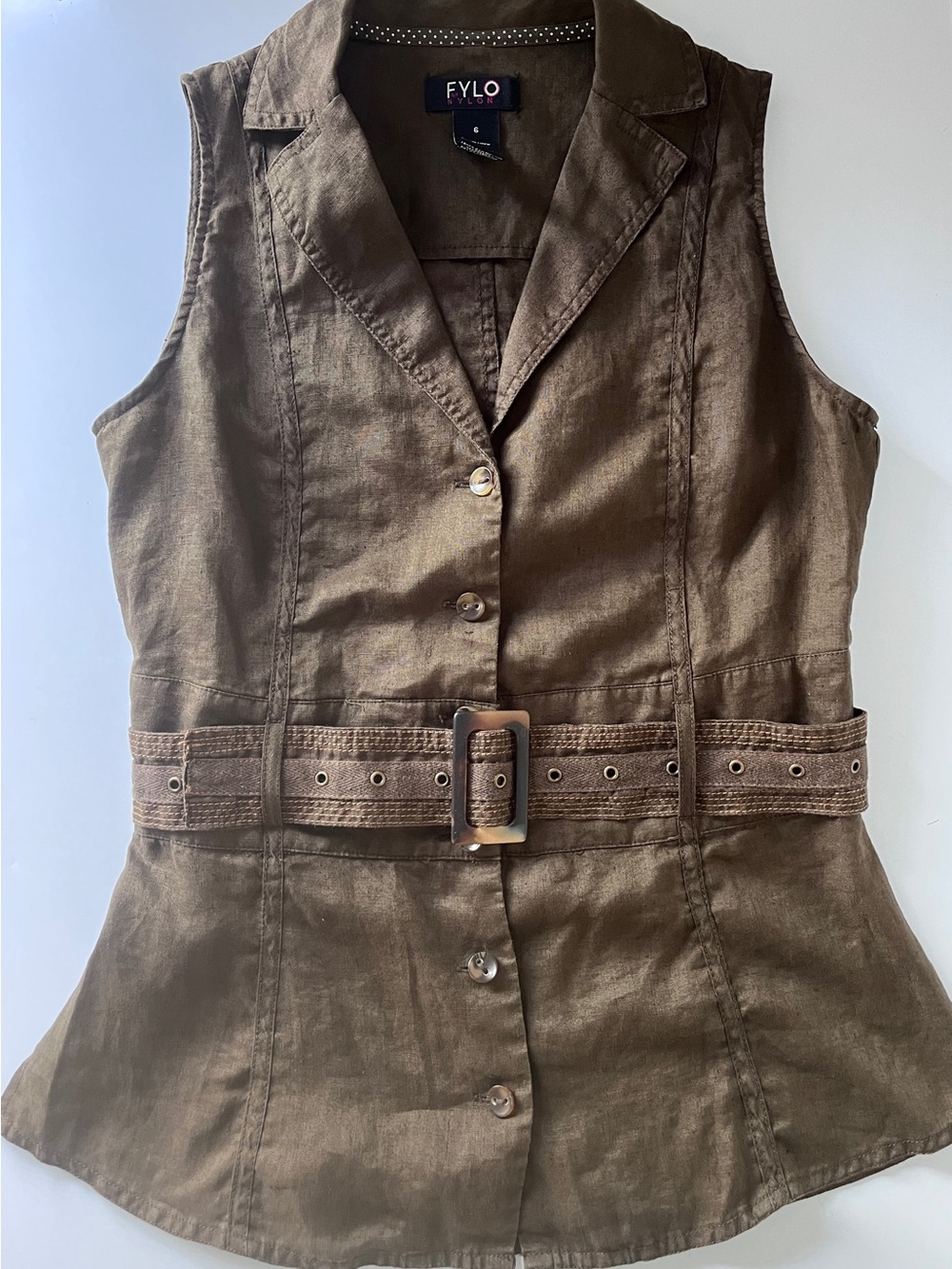 Fylo 100% Linen Belted Sleeveless Top Size 6 Olive Brown Peplum Button Front